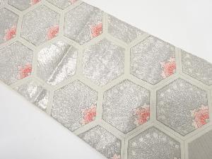 彩錦 亀甲繋ぎに花・孔雀羽根模様織り出し 袋帯